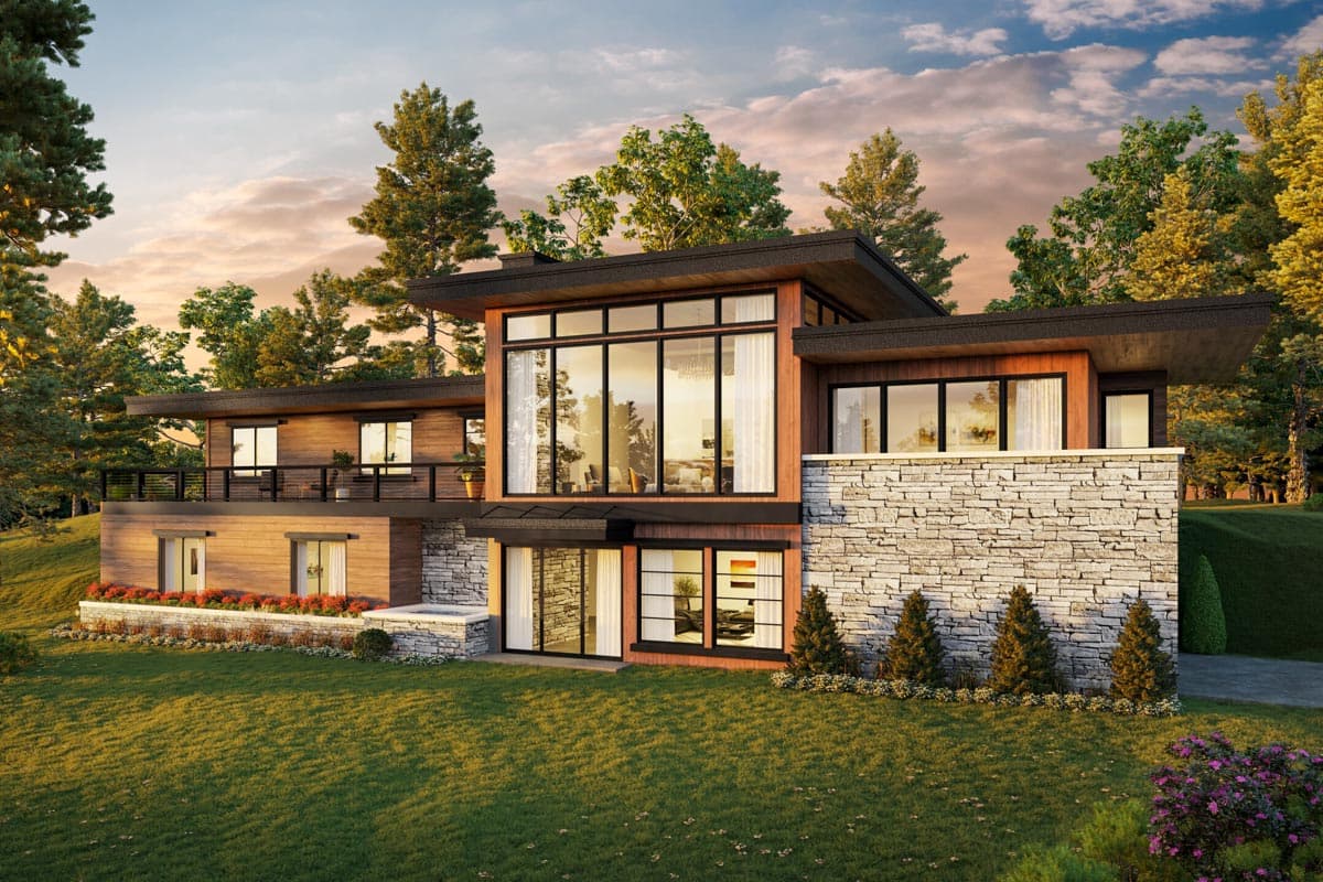 Modern house plan exterior with stone and wood siding, multi-level roof, and large windows.