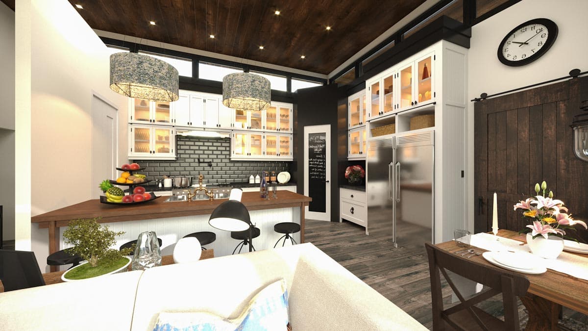 Interior rendering of a modern kitchen with wood ceiling, white cabinetry, stainless steel appliances, island, and sliding barn door.