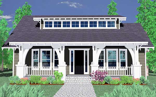 House plan exterior: Ranch style with a covered front porch, double door entry, and a dormer with multiple windows.