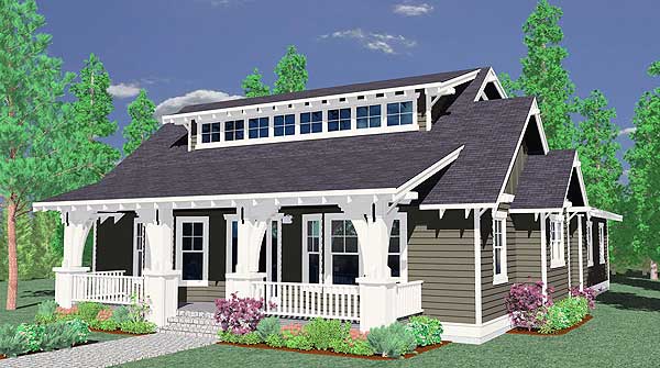 Craftsman style house plan exterior with a wraparound porch, dormer windows, and multiple gables.