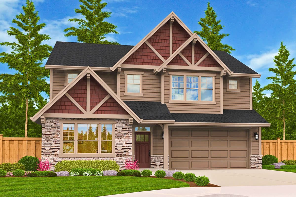 House plan exterior. Two-story Craftsman home with gabled roof, stone accents, and a front-entry garage. Decorative timber framing in gables.