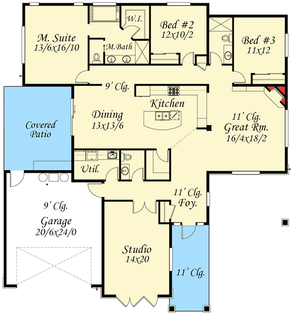 Plan 85043MS: Prairie House Plan with Studio - Floor Plan - Main Level - Northwest, Prairie, Ranch