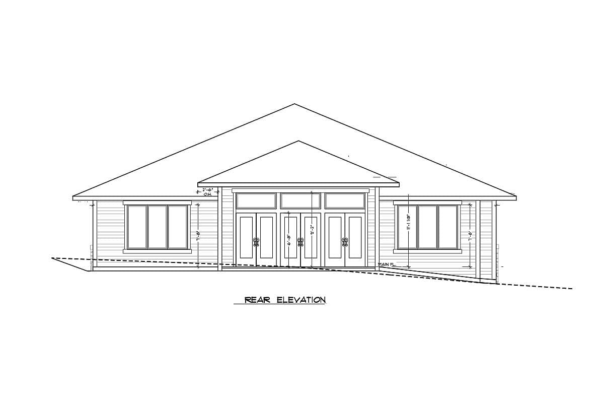Rear elevation drawing of a single-story house with a hip roof, five doors, and two windows.