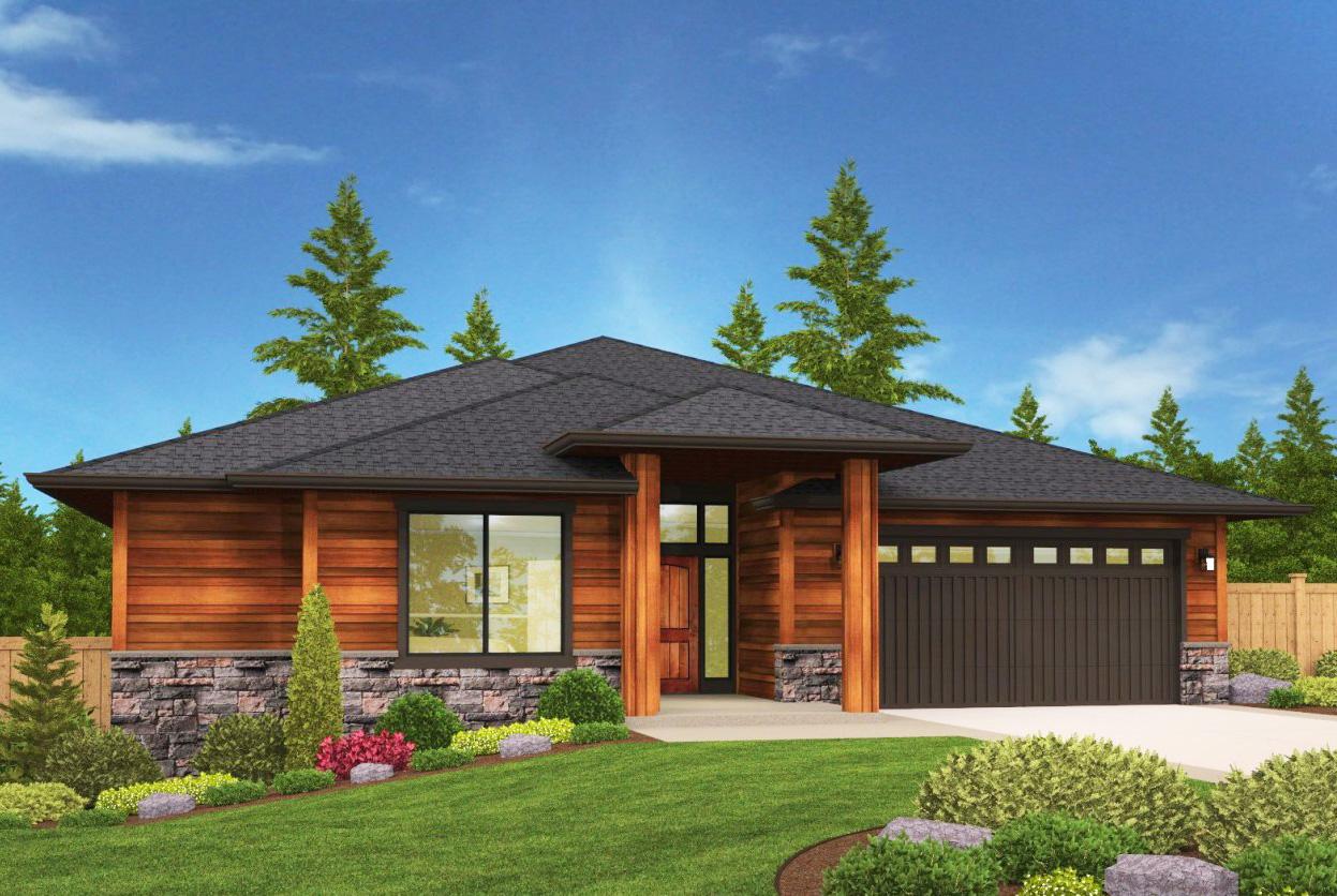 House plan exterior: Modern single-story home with wood siding, stone foundation, prominent entry columns, and multi-panel garage door.