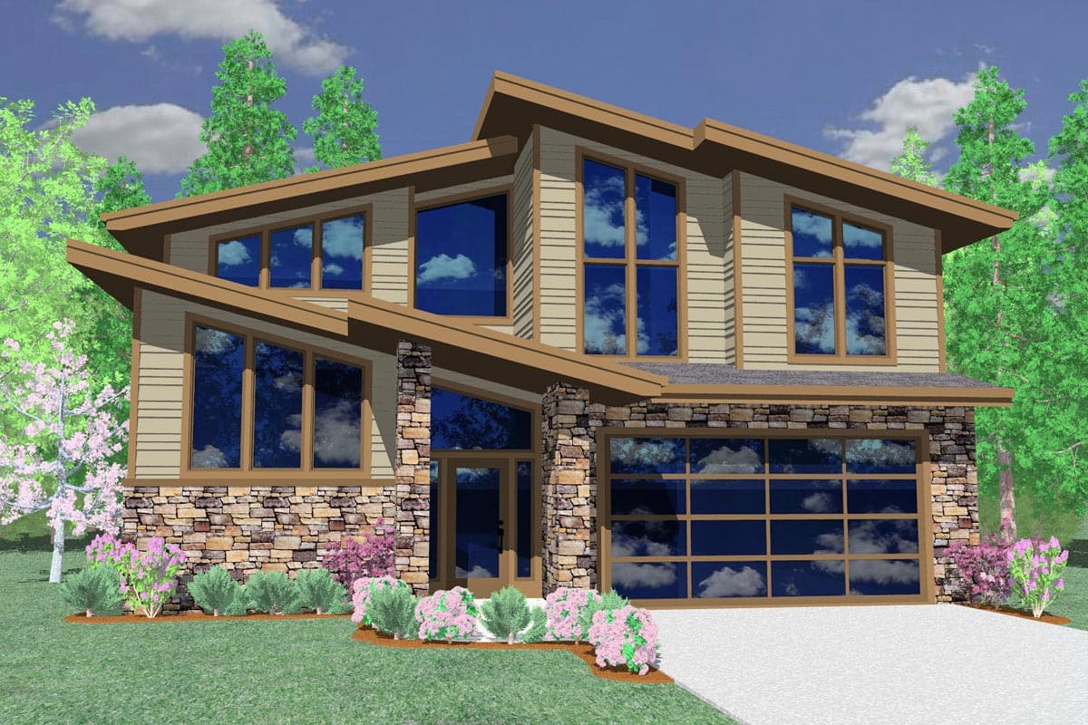 House plan exterior featuring a two-story modern design with angled rooflines, stone accents, and large windows.