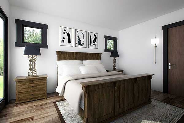 Primary bedroom rendering featuring wooden bed frame, wall art, and dark trim windows.