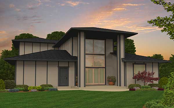 Modern house plan exterior with a prominent multi-story window, dark roof, and contrasting vertical trim.