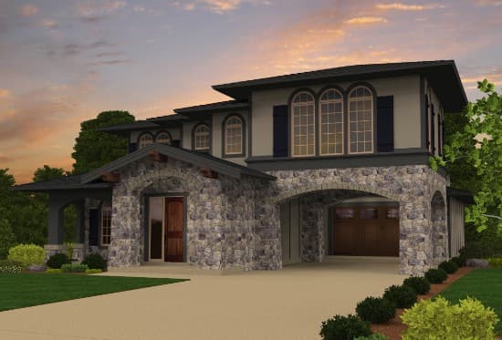 House plan exterior: Two-story home with arched stone entry, porte-cochère, and arched windows with shutters.