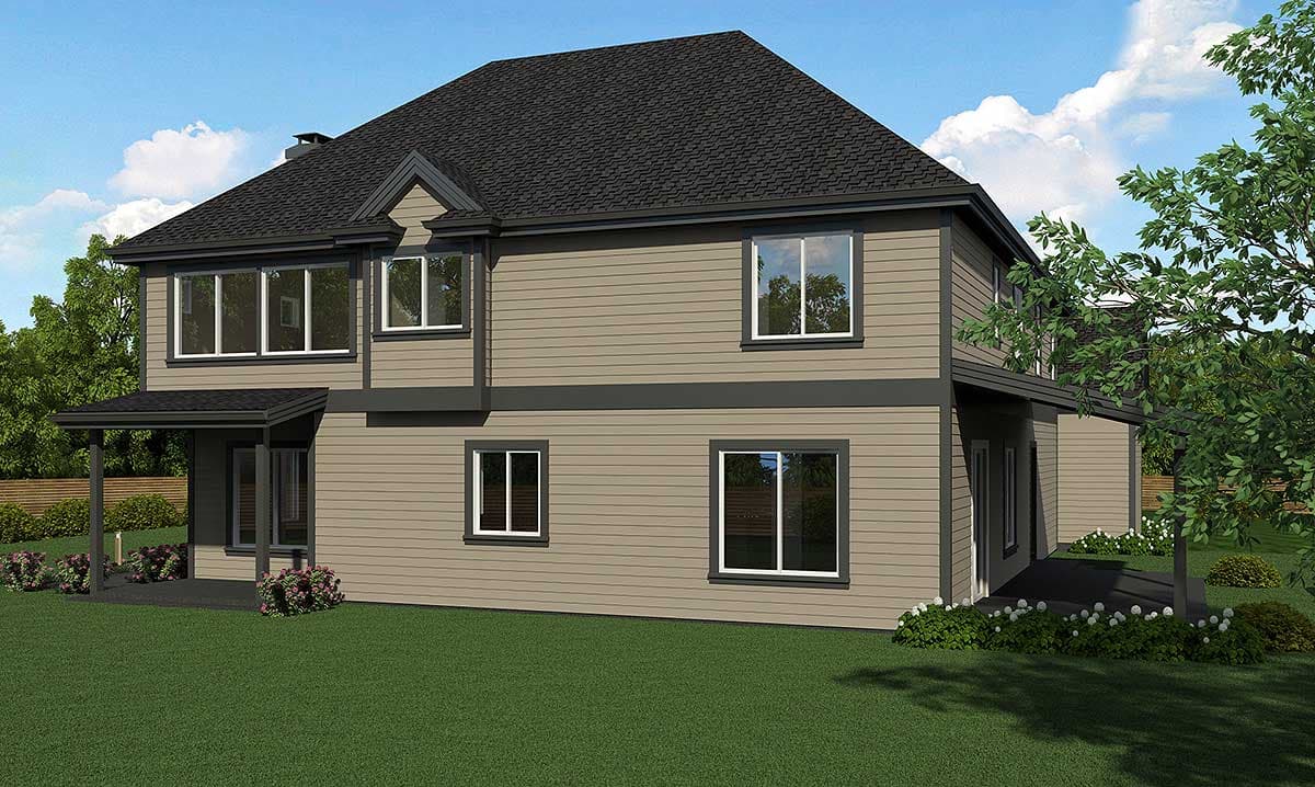 Two-story house plan exterior with horizontal siding, dark trim, a covered porch, multiple gables, and a hip roof.