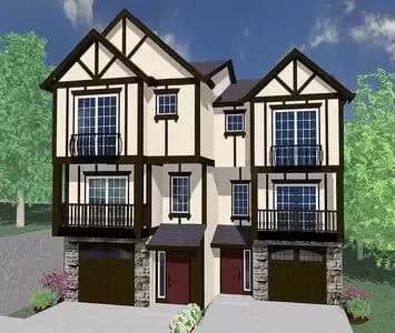Tudor Duplex with Matching 2-Story Units with Drive-Under Garages - 1540 Sq Ft 2 Beds