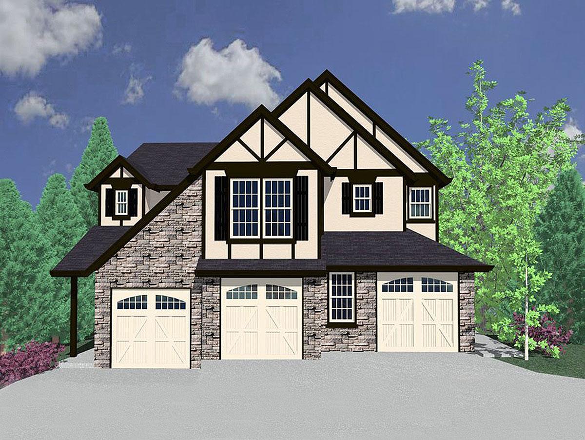 Tudor-style house plan exterior with a multi-car garage, stone veneer, multiple gables, and decorative trim.