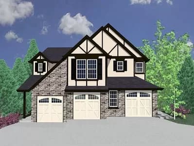Tudor Triplex House Plan with Full-Floor Units - 2 Beds Each