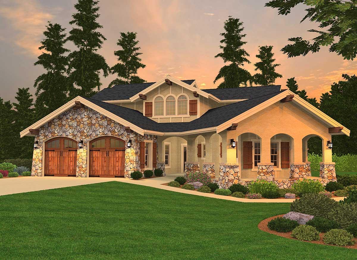 House plan exterior with stone accents, two arched garage doors, covered porch with arched openings, and multiple gables.