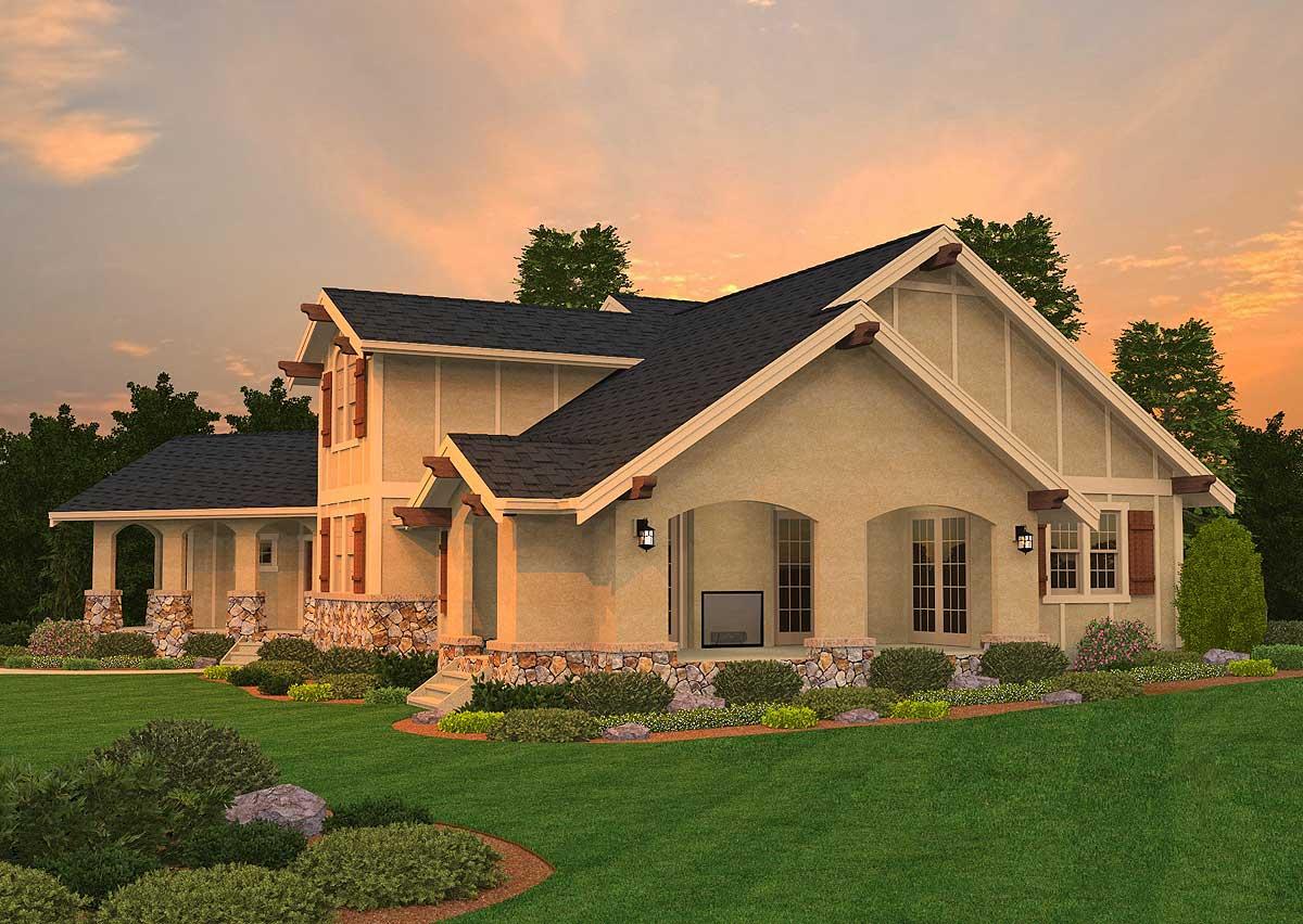 House plan exterior: Two-story, stucco home with stone accents, covered porch with arched openings, and exposed rafter tails.
