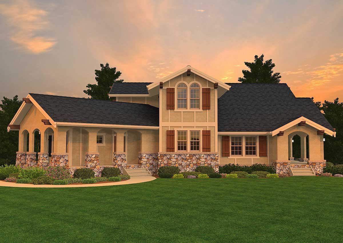 House plan exterior: Two-story home with arched entry porches, stone base, and decorative gable with shutters.