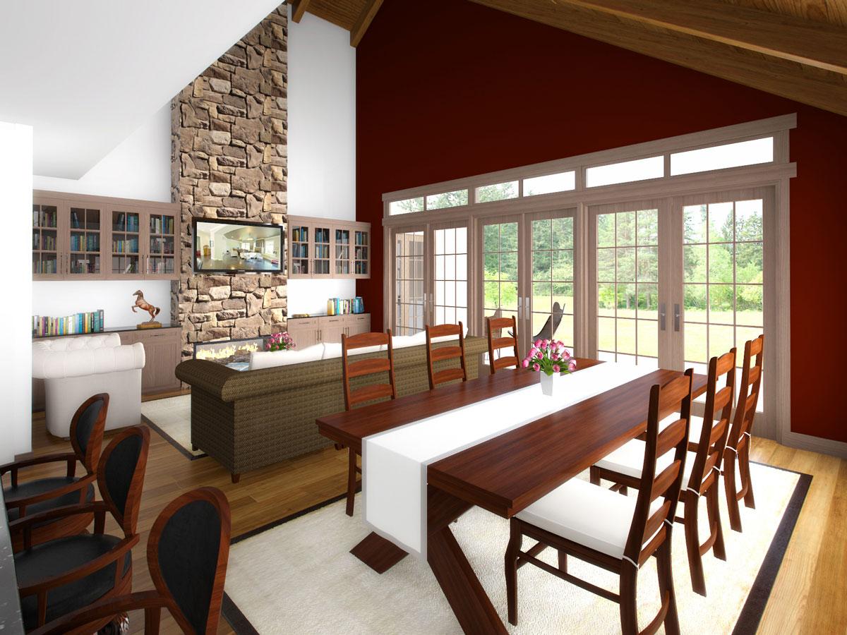Interior rendering of a great room with vaulted ceiling, stone fireplace, built-in bookshelves, and large windows.