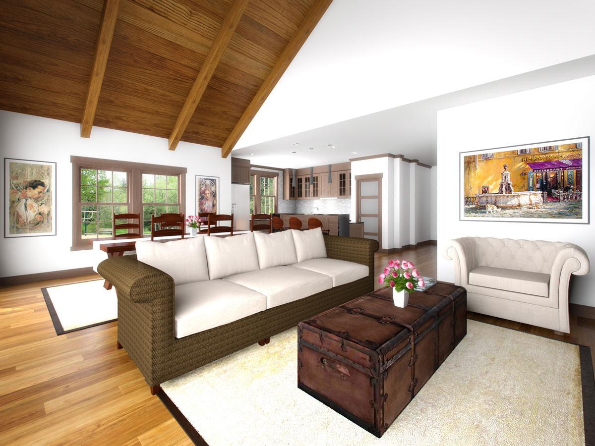 Interior rendering shows living area with vaulted wood ceiling, open to kitchen with wood cabinets, dining area, and large windows.