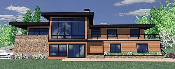 Modern house plan exterior with stone accents, large windows, flat rooflines, and a two-story design.