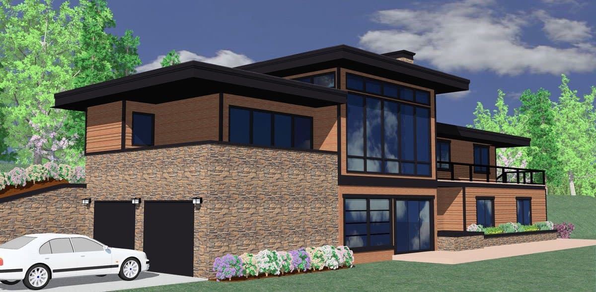 Modern house plan exterior with two-car garage, stone and wood siding, flat rooflines, and large window arrays.
