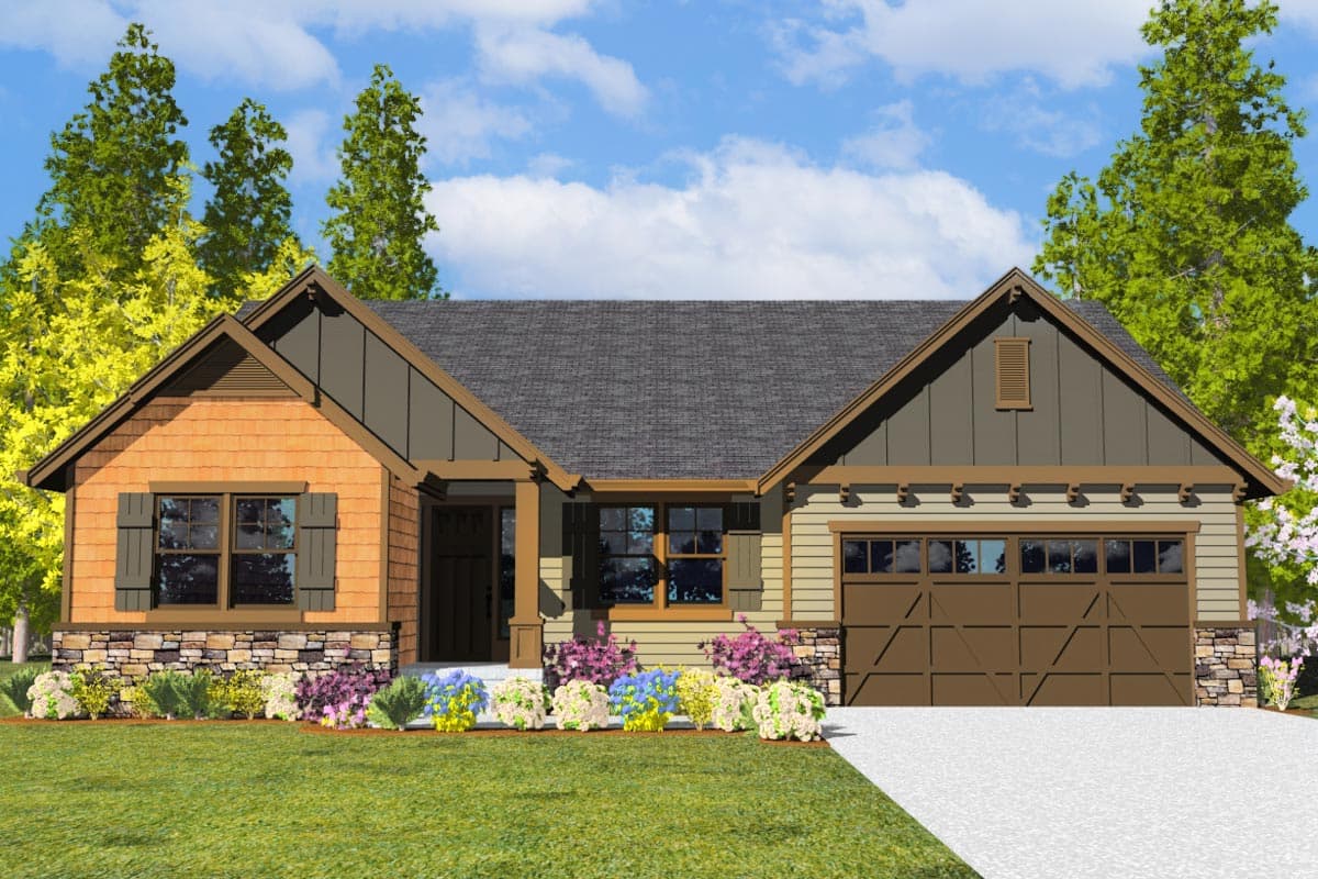 House plan exterior: Craftsman style, one story, with stone foundation, shingle siding, gabled rooflines, and a two-car garage.