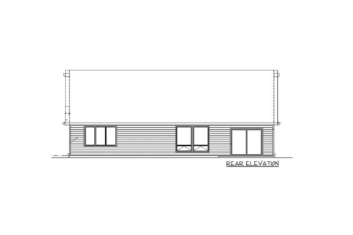 Rear elevation drawing of a house plan, showing horizontal siding, a large sliding glass door, and multiple windows.