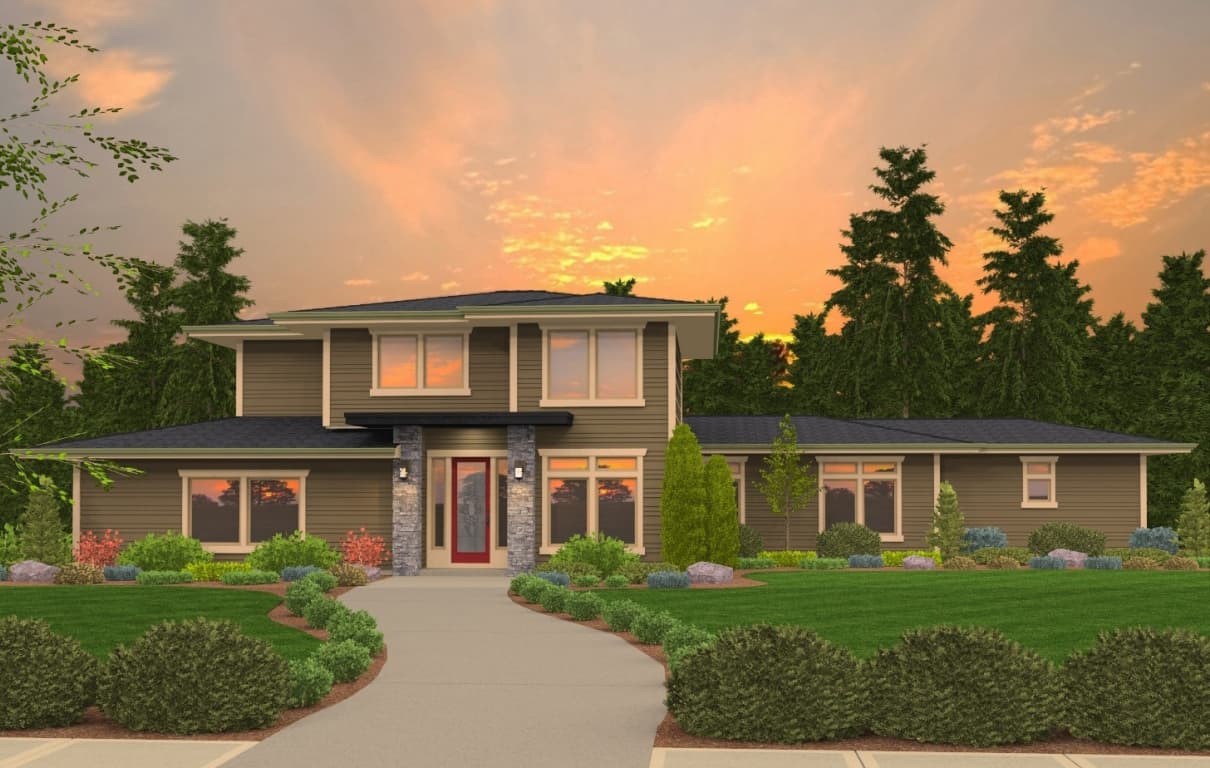 House plan exterior: two-story modern design with layered rooflines, horizontal siding, stone accents, and a prominent red front door.