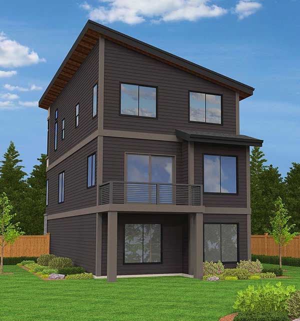 Modern house plan exterior, three stories, dark siding, large windows, second-story balcony, and sloped roof.