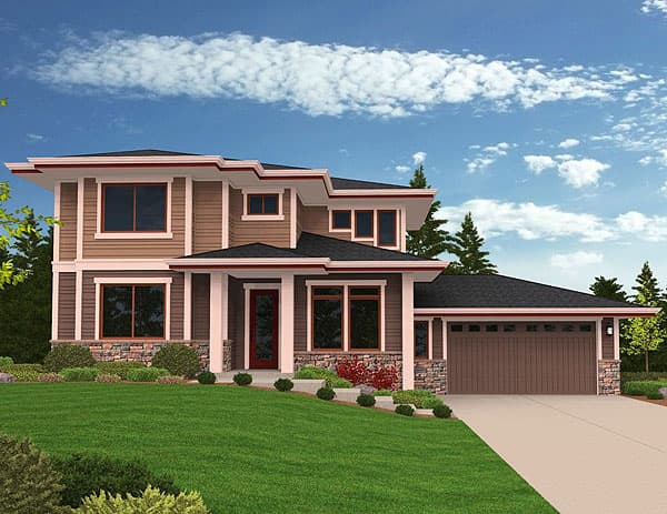 Modern house plan exterior, two stories, with wide eaves, horizontal siding, stone accents, and a front-entry garage.