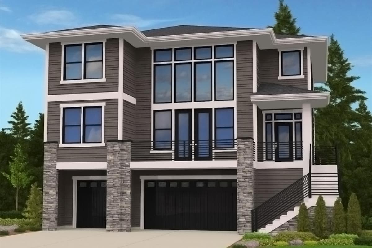 Modern house plan exterior, three stories, siding, stone accents, multiple large windows, and a two-car garage.