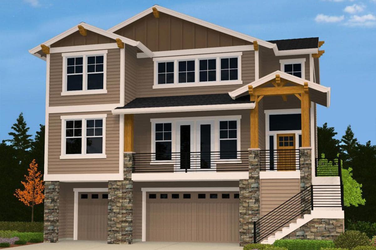 House plan exterior: Three-story home with multiple gables, stone-clad foundation, covered entry, and balcony.