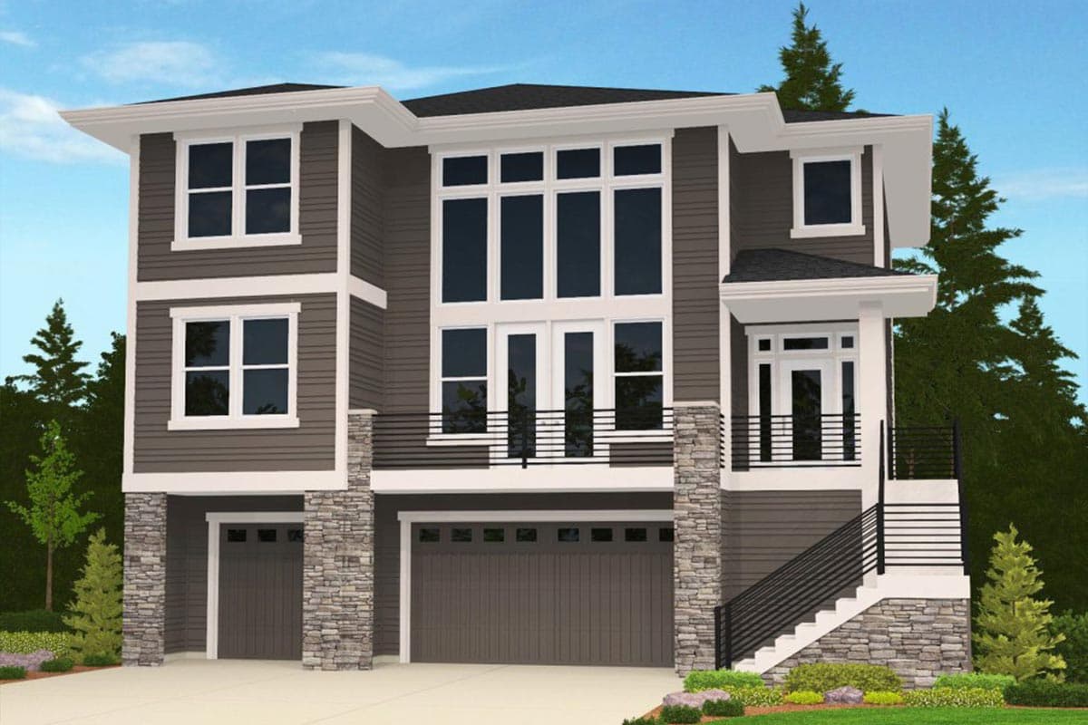 Modern two-story house plan exterior with stacked stone base, multiple garages, and a large central window.