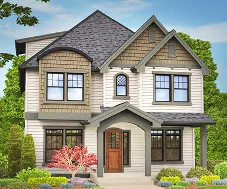Two-story house plan exterior with gables, arched dormer, and covered entry with wood door.