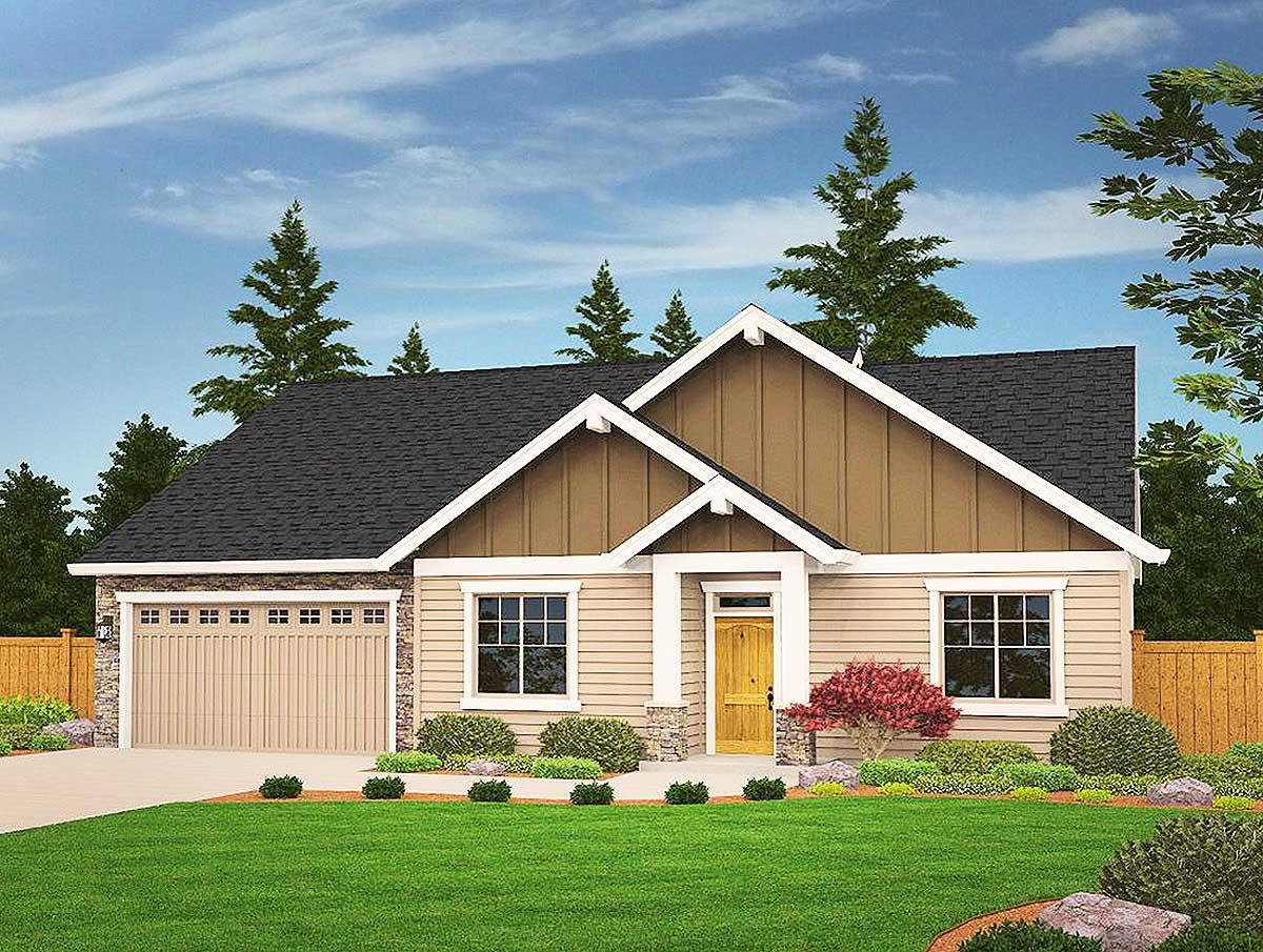 House plan exterior rendering of a one-story home with attached garage, gable rooflines, and stone and siding facade.
