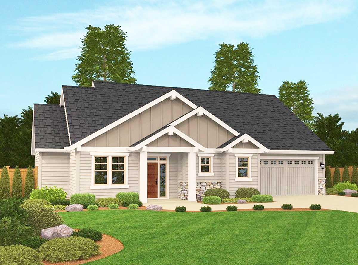 House plan exterior of a one-story Modern Farmhouse with a covered front porch, gabled roofline, and attached two-car garage.