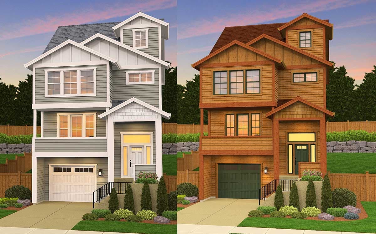 House plan exteriors show two 3-story homes with front garages, multiple gables, and varied window configurations.