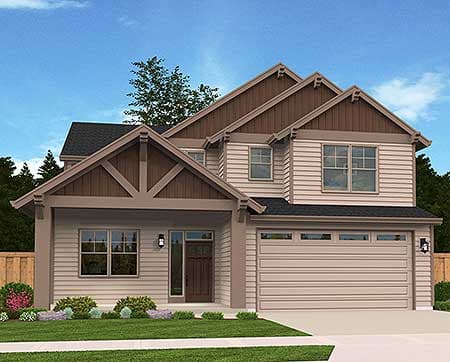 Two-story house plan exterior with gables, exposed rafter tails, covered entry, and attached two-car garage.