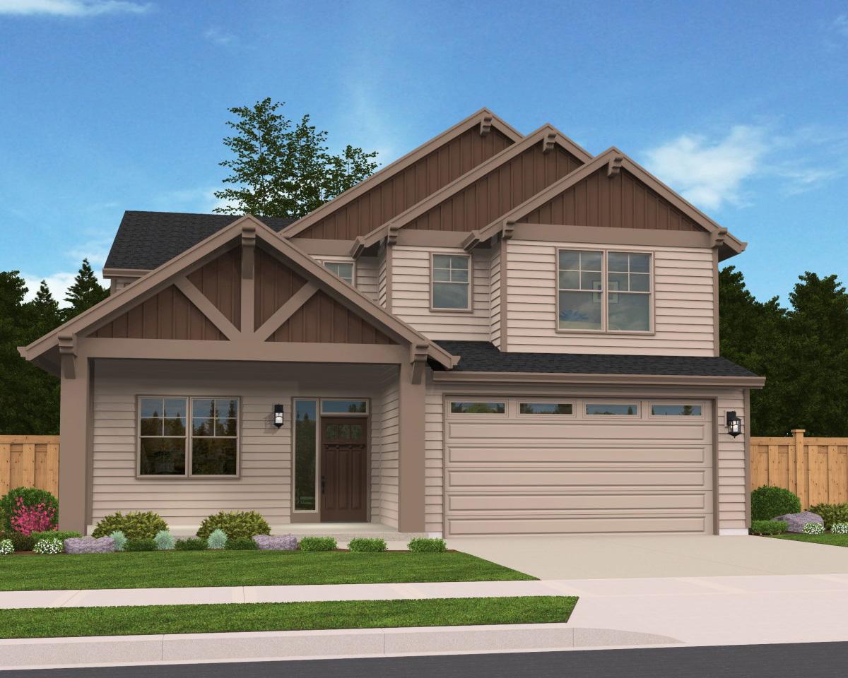 House plan exterior shows a two-story home with a covered front porch, gables, and a side-facing garage.