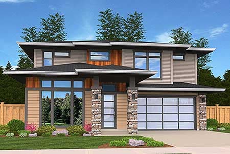 Modern two-story house plan exterior with horizontal siding, stone accents, large windows, covered entry, and multi-panel garage door.