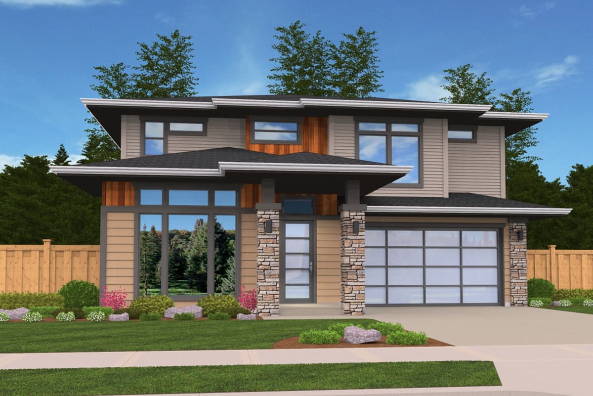 Modern two-story house plan exterior with stacked stone pillars, large windows, horizontal siding, and a glass garage door.