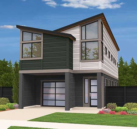 Modern house plan exterior with asymmetric rooflines, two stories, dark horizontal siding, large windows, and a side-entry garage.