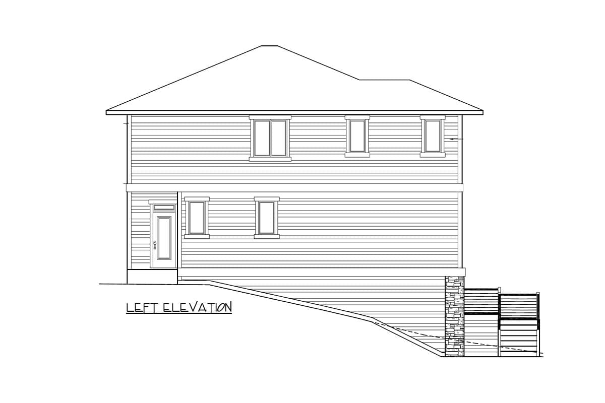 Left elevation drawing of a two-story house with a hip roof, centered front door, and multiple windows.