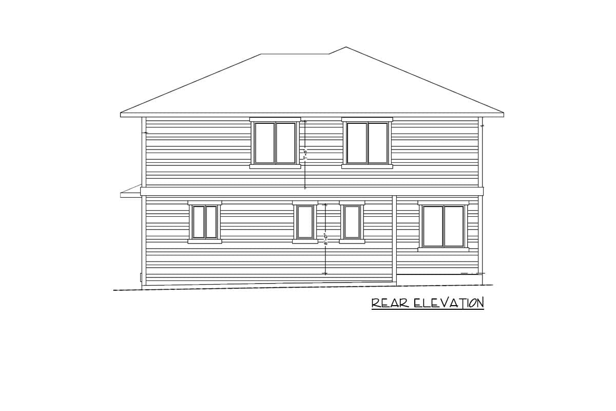 Rear elevation drawing of a two-story house plan with horizontal siding and multiple windows on both levels.