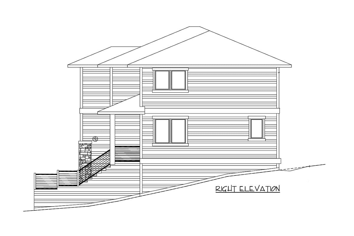Right elevation of a two-story house plan, featuring horizontal siding, gabled roof, and a stone-accented staircase.