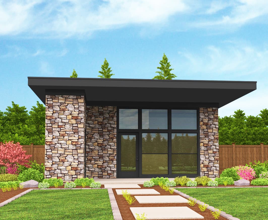 Modern house plan exterior with stone facade, flat roof, large windows, and glass door.