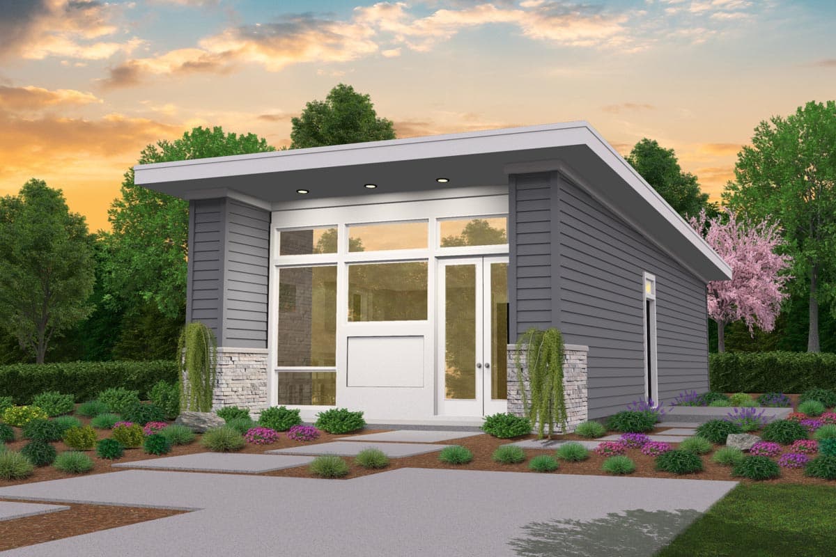 Modern house plan exterior with a shed roof, large windows, stone accents, and gray siding.