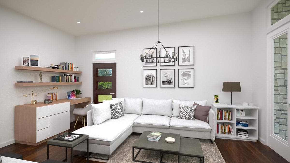 Living room rendering with sectional sofa, desk, bookshelves, and pendant light. Open layout.