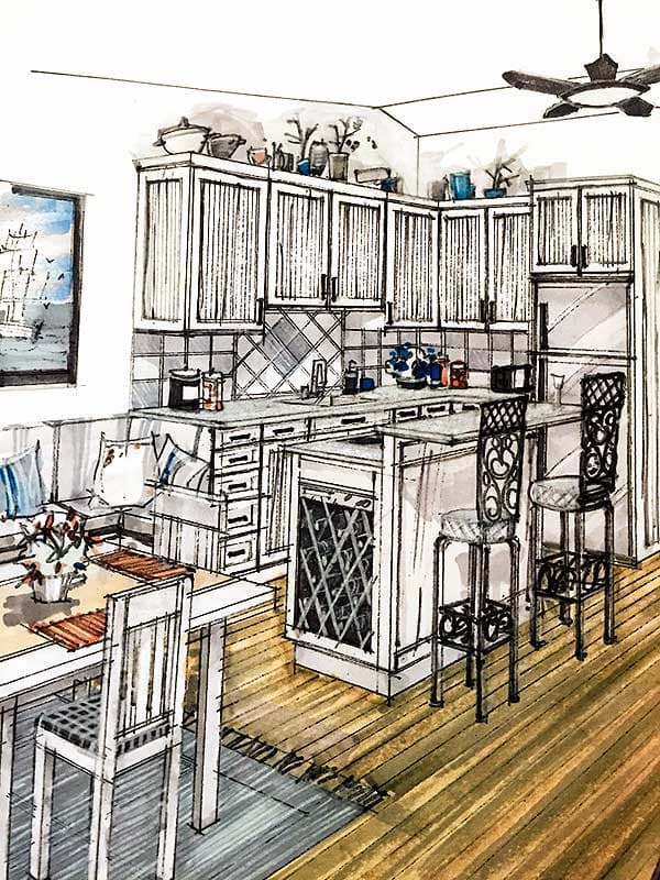 Drawing of kitchen with island, dining area, pendant light, and view of nautical artwork. Cabinets have paneled doors.