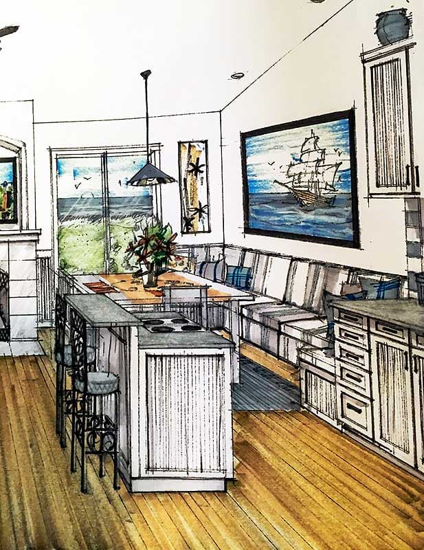 Interior view of a coastal kitchen with island, built-in banquette seating, and large windows overlooking the sea.