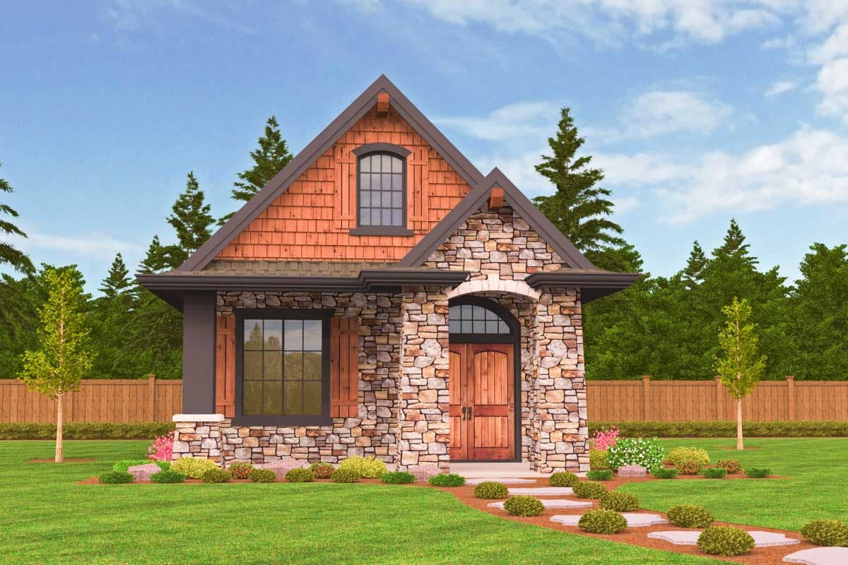 House plan exterior with stone facade, cedar shakes, arched entryway, and dormer window.