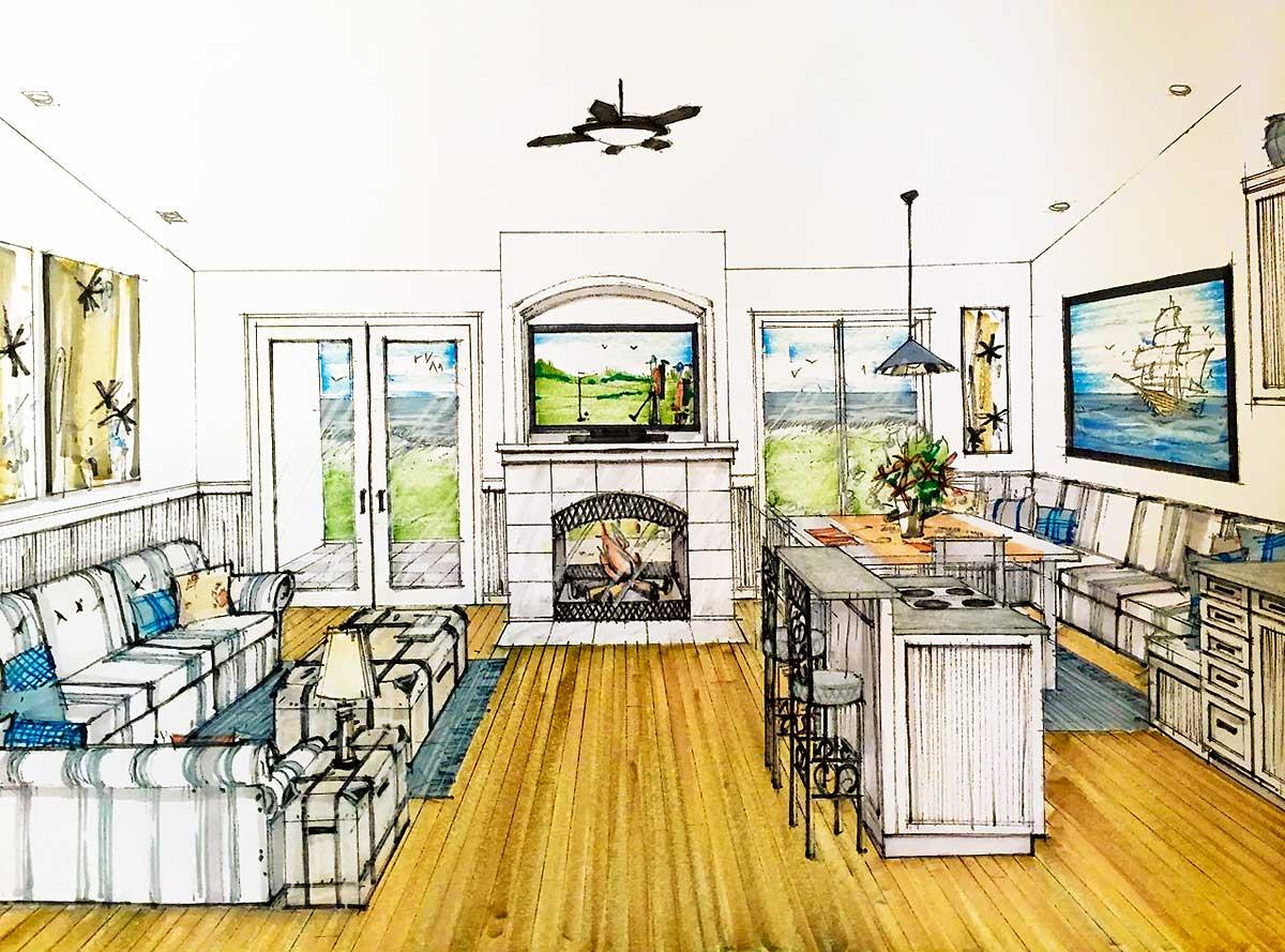 Living room and kitchen rendering with fireplace, island seating, dining banquette, and double doors.